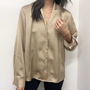 satin tan long sleeve button up blouse